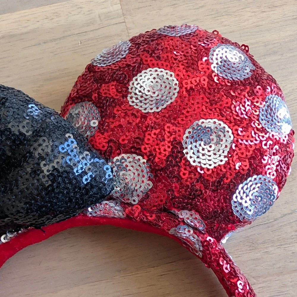 Disney Minnie Mouse Red Silver Polka Dot Sequin Ears Headband Black Bow Kids